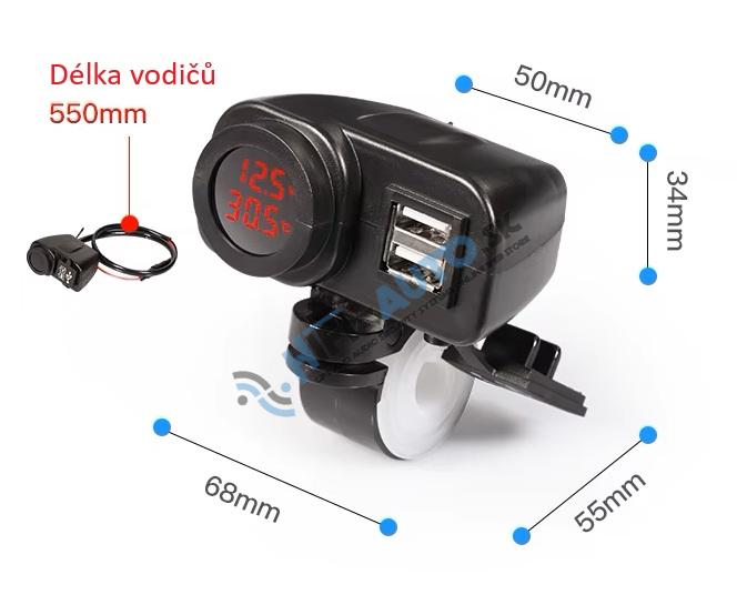 2x USB nabíjačka s voltmetrom/teplomerom na motocykel