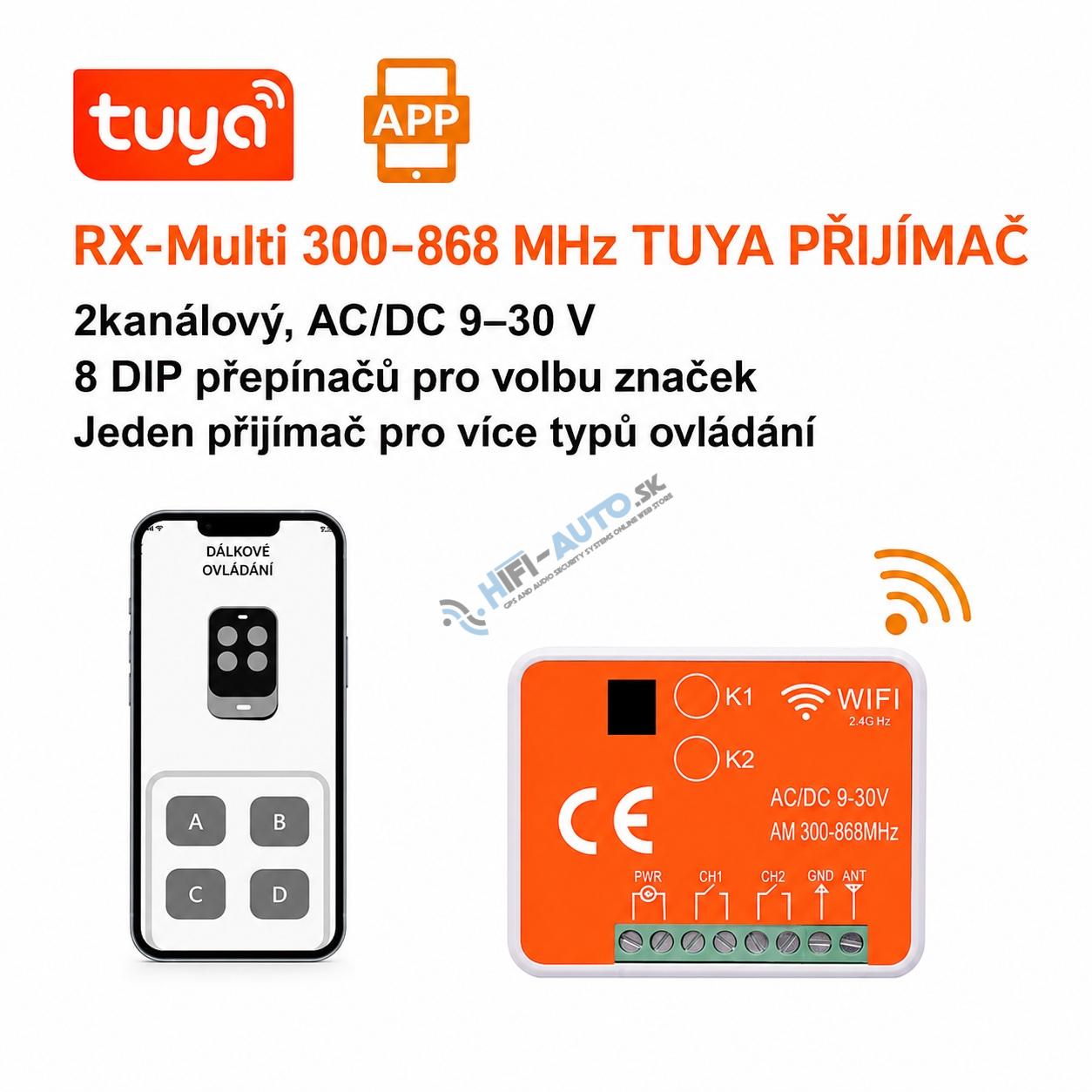 Univerzálny 2-kanálový WiFi/RF prijímač 300–868 MHz pre vráta a brány, Tuya/SmartLife
