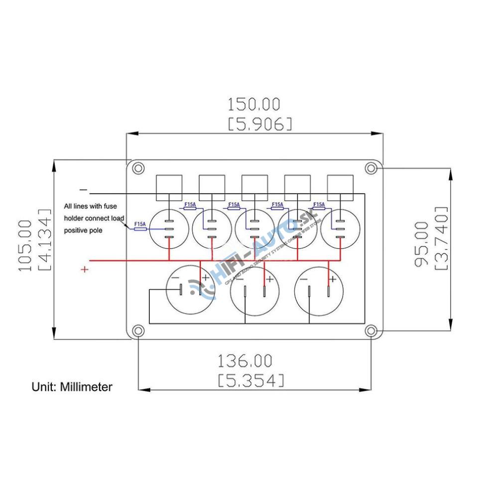 Panel s 5x spínačmi, CL, voltmeter + 2x USB zásuvka, 12/24V