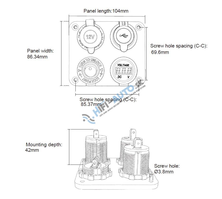 Panel s 1x spínačom, CL, voltmeter + 2x USB zásuvka, 12/24V