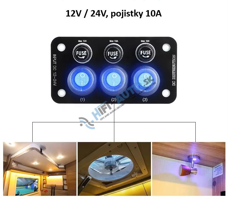 Panel s 3x spínačmi + 3x poistky, 12/24V