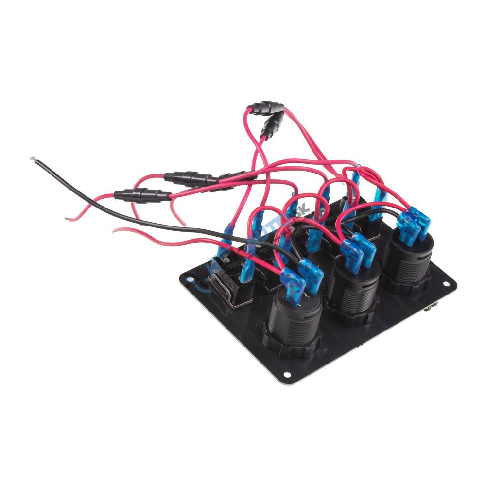 Panel s 5x spínačmi + 2x USB/Voltmeter a CL zásuvka, 12/24V