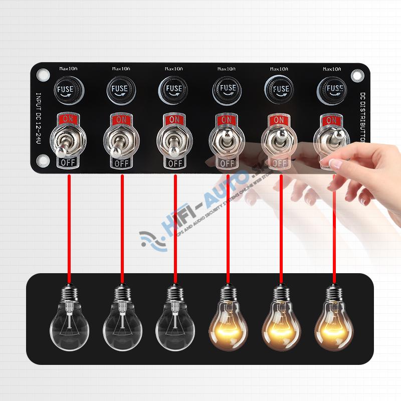Panel s 6x spínačmi + 6x poistky, 12/24V