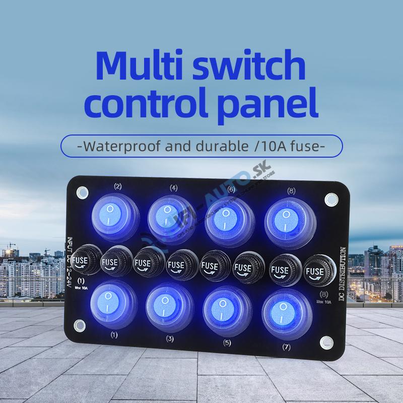 Panel s 8x spínačmi + 8x poistky, 12/24V