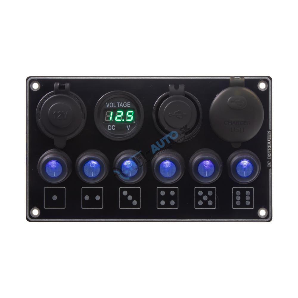 Panel s 6x spínačmi + 4x USB PD/Voltmeter/CL zásuvka, 12/24V