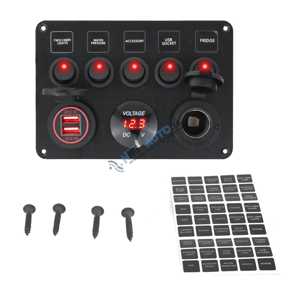Panel s 5x spínačmi, CL, voltmeter + 2x USB zásuvka, 12/24V