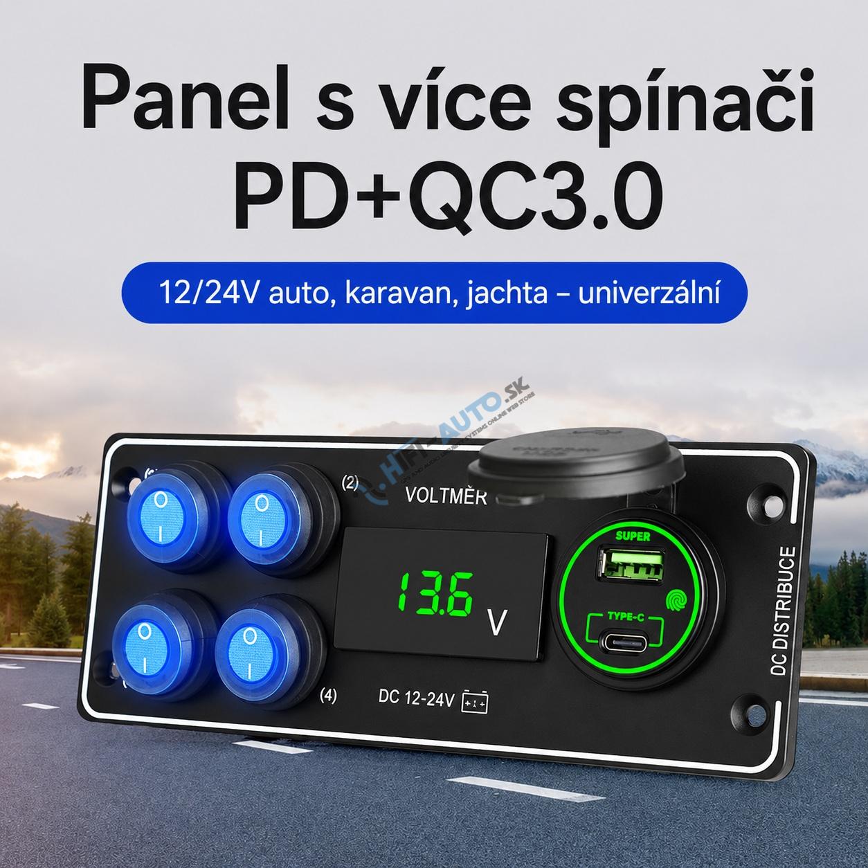Panel s 4x spínačmi + USB-C/USB-A + Voltmeter, 12/24V