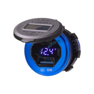 USB nabíjačka QC + USB-C s voltmetrom/wattmetrom, hliníková do panelu, 18W + 45W