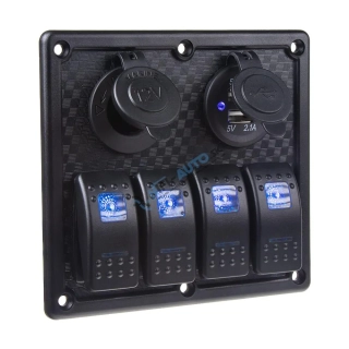 Panel s 4x spínačmi Rocker, CL + USB zásuvka, 12/24V