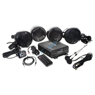 4.1CH zvukový systém na motocykel, skúter, ATV, loď s FM, USB, AUX, BT, čierne
