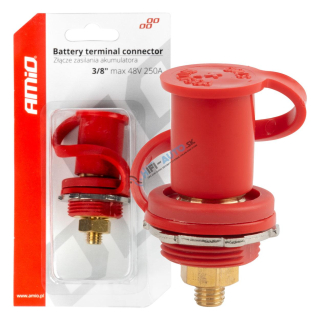 Konektor napájania batérie červený plus s krytkou 3/8 M10 12V 24V 48V 250A