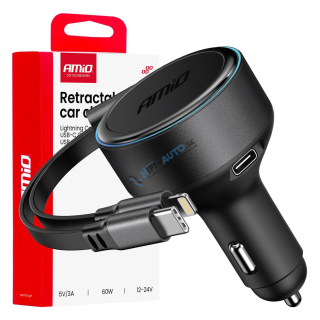 Nabíjačka do auta výsuvná C kábel + lightning kábel + USB C