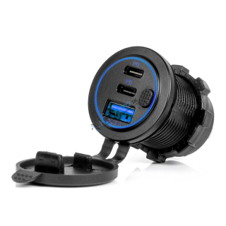 Vodotesná nabíjačka na telefón s vypínačom MODRÁ LED podsvietenie USB + 2xUSB C QC3.0 12/24V