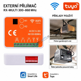 Univerzálny 2-kanálový WiFi/RF prijímač 300–868 MHz pre vráta a brány, Tuya/SmartLife