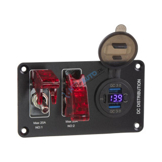 Panel s 2x spínačmi + 2xUSB, 1xUSB-C + voltmeter 12V