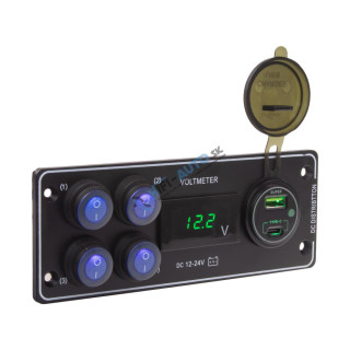 Panel s 4x spínačmi + USB-C/USB-A + Voltmeter, 12/24V